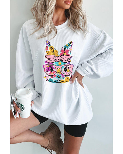 White Floral Rabbit With Glasses Graphic Corded Easter Sweatshirt L Hoodies & Sweatshirts