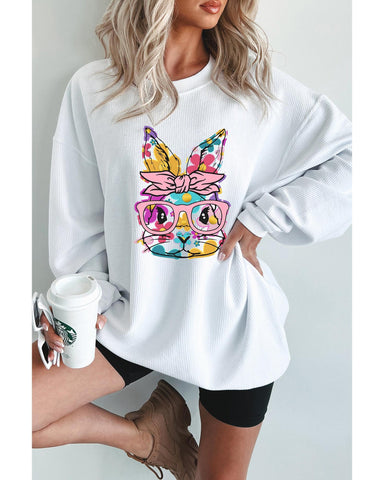 White Floral Rabbit With Glasses Graphic Corded Easter Sweatshirt M Hoodies & Sweatshirts