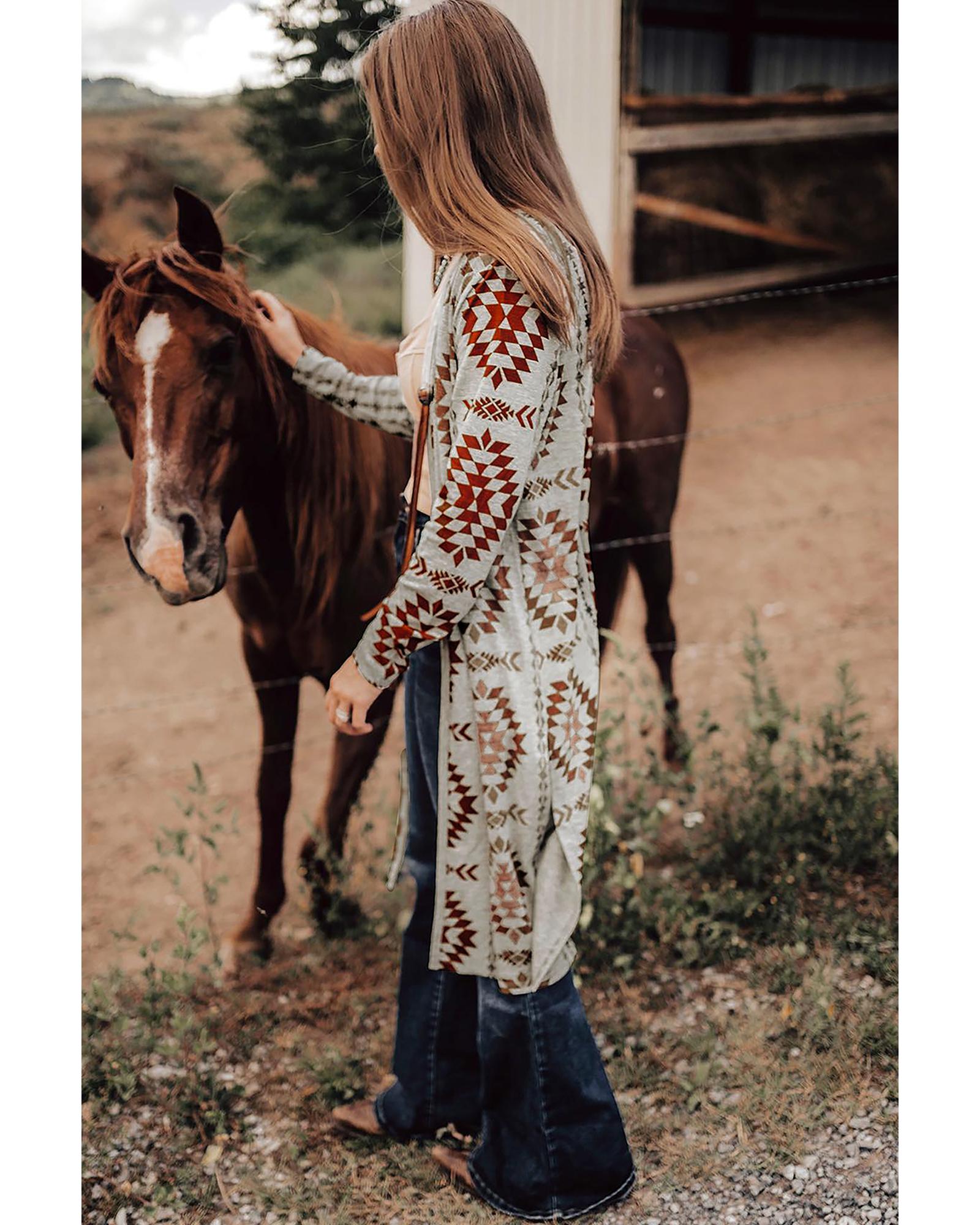 Brown Western Aztec Printed Open Front Long Cardigan S Jumpers & Cardigans