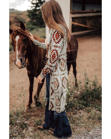 Brown Western Aztec Printed Open Front Long Cardigan S Jumpers & Cardigans