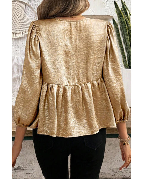 Gold Bow Tie Front Puff 3/4 Sleeve Ruffle Hem Blouse Xl Tops