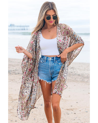 Apricot Floral Print Short Wide Sleeve Open Front Loose Kimono Jumpers & Cardigans