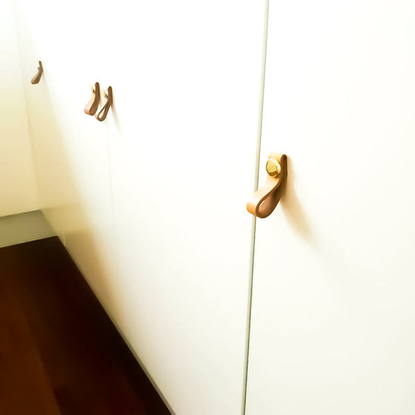 Blushtaps 100% Genuine Leather Door Knob Cabinet Kitchen Drawer Handle Pull Laundry Gold Cabinet Pulls