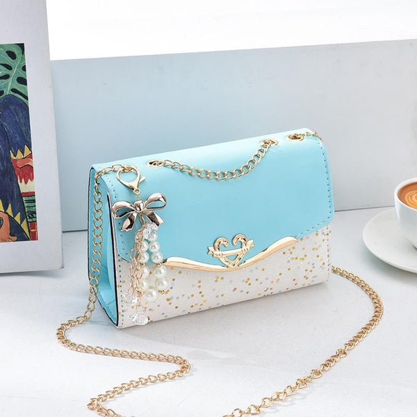 Sequined Messenger Shoulder Bag For Women Beige Lake Blue With Pendant Women's Bags & Handbags