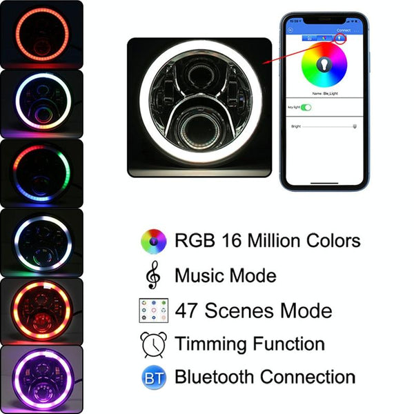 2 Pcs 7 Inch Dc12v 6000K 6500K 50W Car Led Headlight Cree Lamp Beads For Jeep Wrangler / Harley Support App + Bluetooth Control Black Other Auto Tool