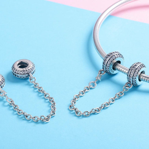 925 Sterling Silver Simple Diamond Beaded Bracelet Safety Chain Craft Beads