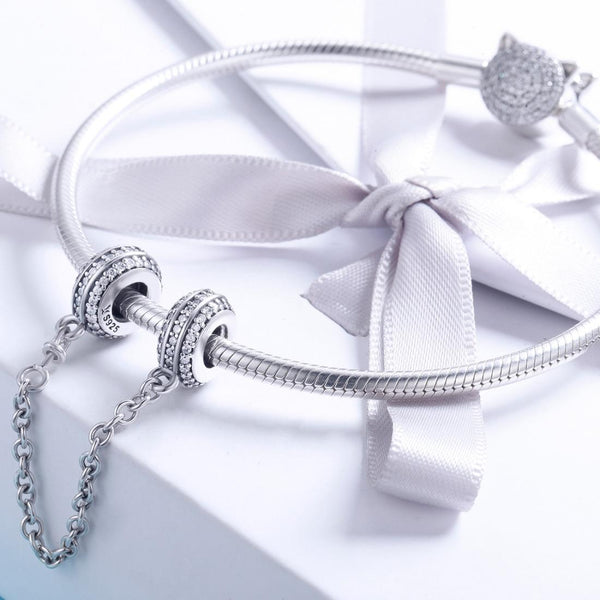 925 Sterling Silver Simple Diamond Beaded Bracelet Safety Chain Craft Beads