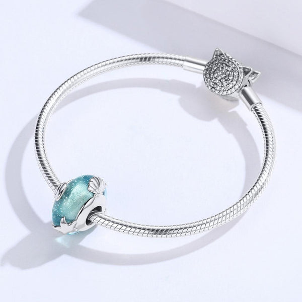 925 Sterling Silver Ocean Star Pendant Bracelet With Blue Glass Bead Charms & Pendants