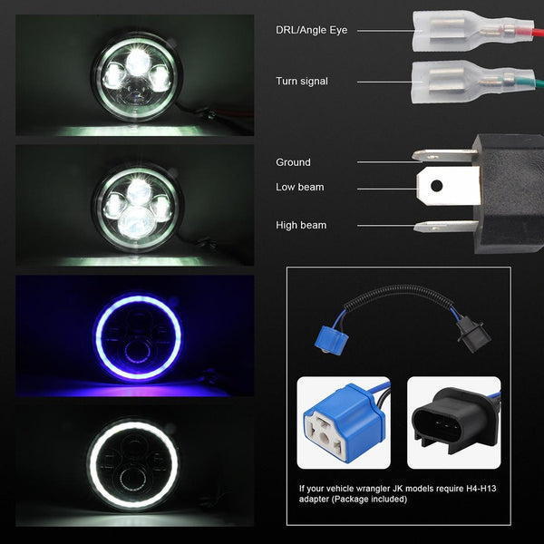 7 Inch H4 / H13 Dc 9V 30V 3000Lm 6000K 30W Ip67 4Led Lamp Beads Car Round Shape Headlight Lamps For Jeep Wrangler Harley With Angel Eye Led Car Lights