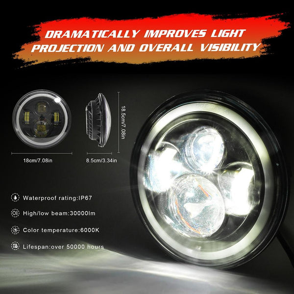 7 Inch H4 / H13 Dc 9V 30V 3000Lm 6000K 30W Ip67 4Led Lamp Beads Car Round Shape Headlight Lamps For Jeep Wrangler Harley With Angel Eye Led Car Lights
