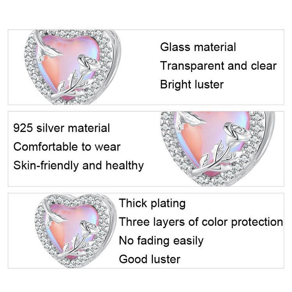 925 Sterling Silver Pink Glass Rose Bracelet Bead Charms & Pendants