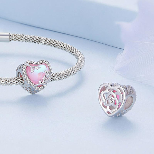 925 Sterling Silver Pink Glass Rose Bracelet Bead Charms & Pendants