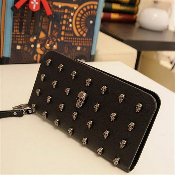 Leather Wristlet Handbag With Metal Skull Design Women's Bags & Handbags