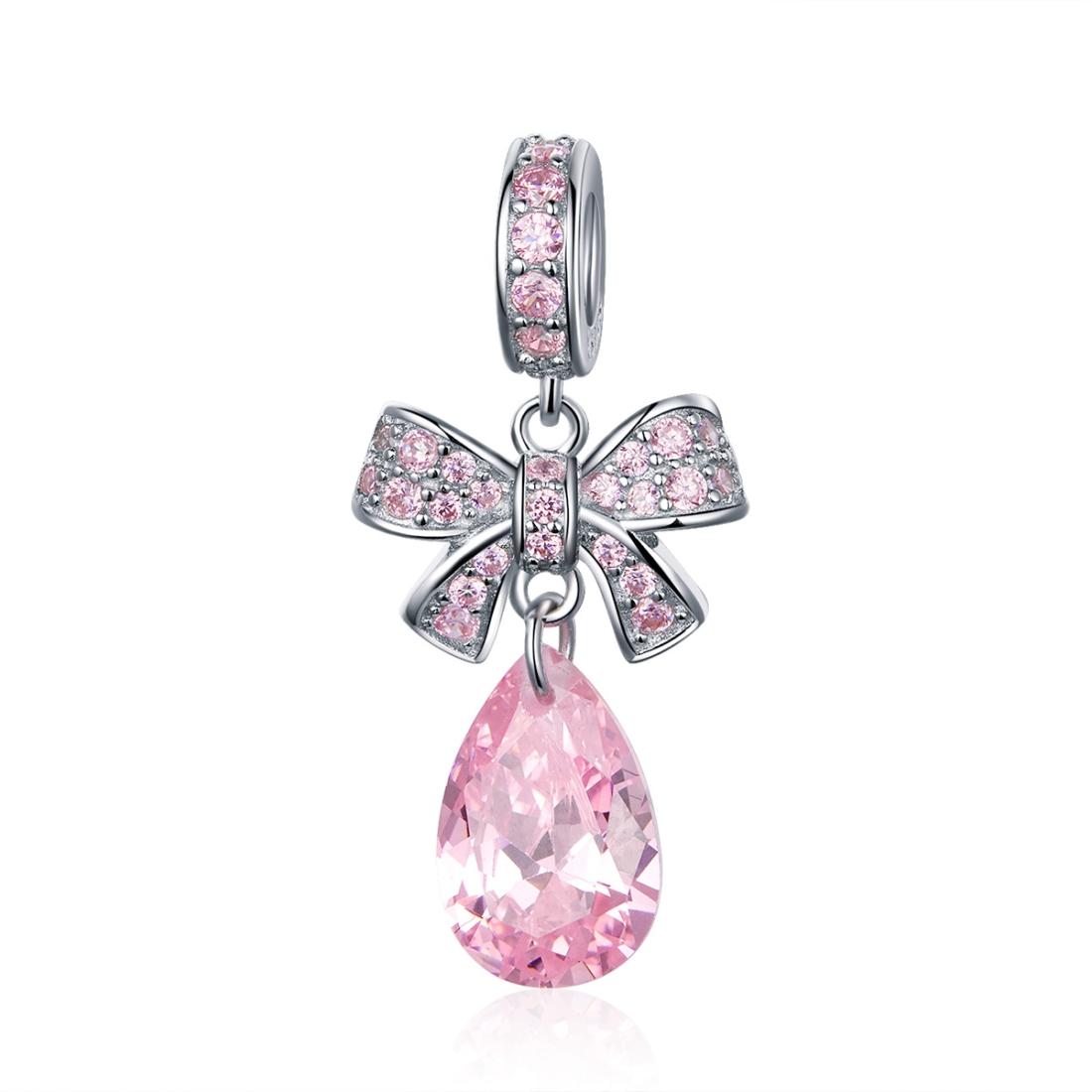 925 Sterling Silver Diy Pink Zircon Pendant With Bow Charms & Pendants