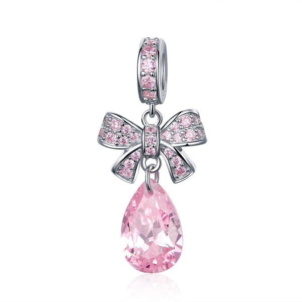 925 Sterling Silver Diy Pink Zircon Pendant With Bow Charms & Pendants