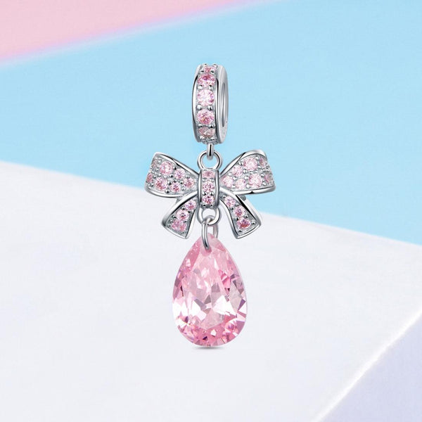 925 Sterling Silver Diy Pink Zircon Pendant With Bow Charms & Pendants