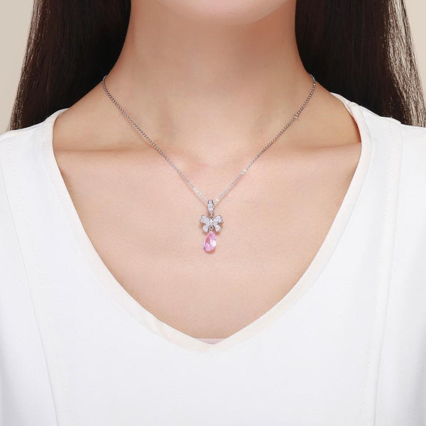 925 Sterling Silver Diy Pink Zircon Pendant With Bow Charms & Pendants