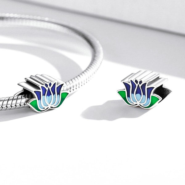 925 Sterling Silver Blue Lotus Bead Bracelet & Necklace Set Charms & Pendants