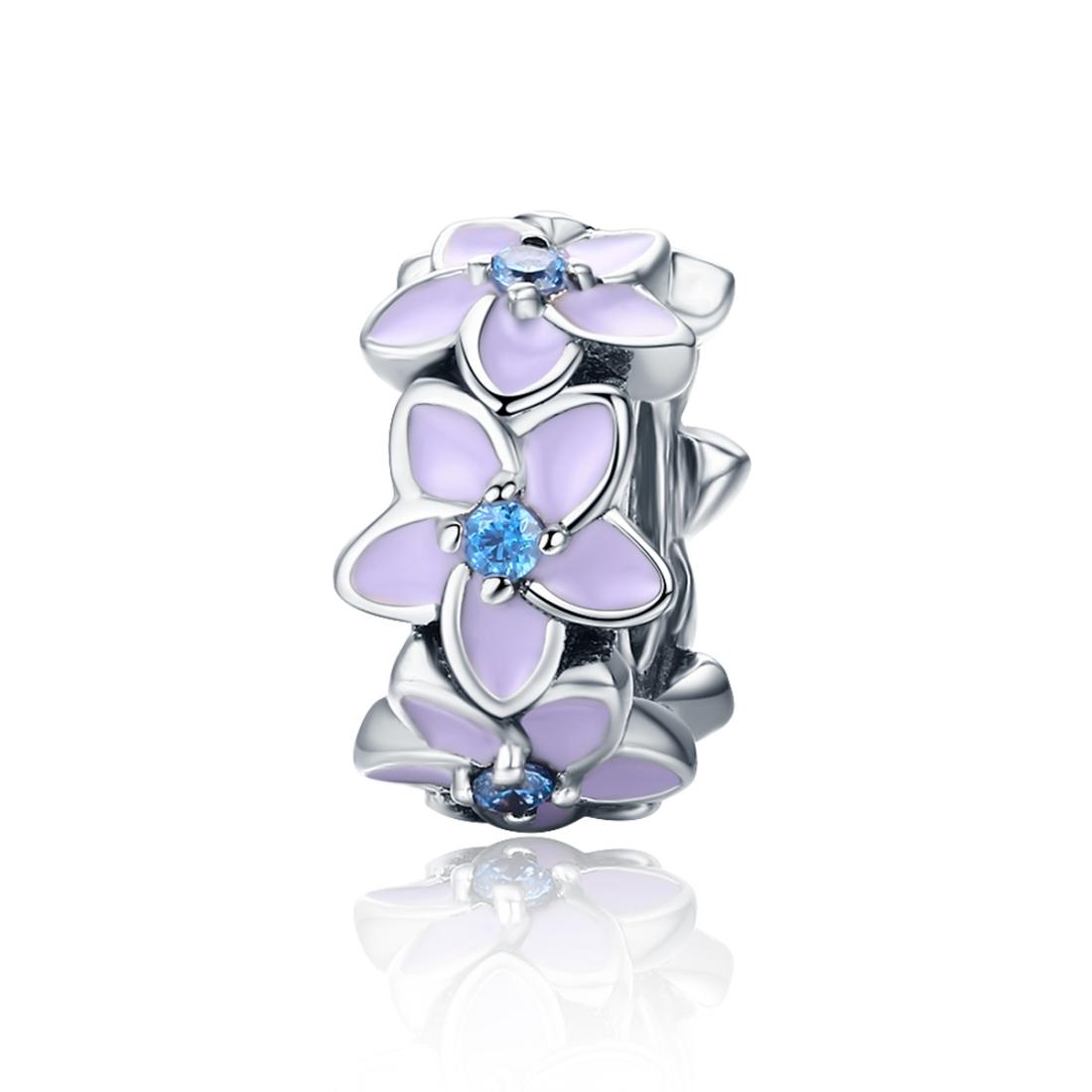 925 Sterling Silver Purple Flower Bracelet With Diamond Beads Charms & Pendants