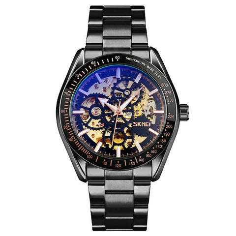 Men Automatic Skeleton Mechanical Watch With Steel Band Black Watches