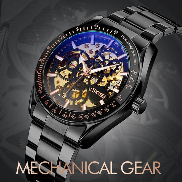 Men Automatic Skeleton Mechanical Watch With Steel Band Black Watches