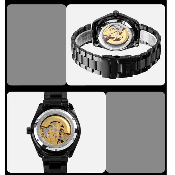 Men Automatic Skeleton Mechanical Watch With Steel Band Black Watches