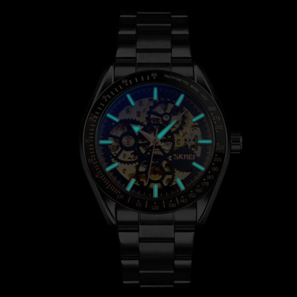 Men Automatic Skeleton Mechanical Watch With Steel Band Black Watches