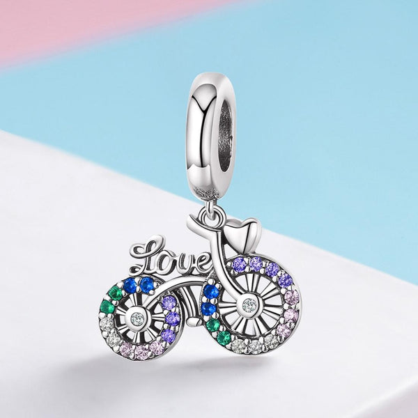 925 Sterling Silver Bicycle Pendant With Zircon Beads For Diy Bracelets Style Charms & Pendants