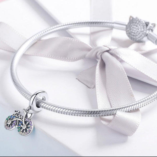 925 Sterling Silver Bicycle Pendant With Zircon Beads For Diy Bracelets Style Charms & Pendants