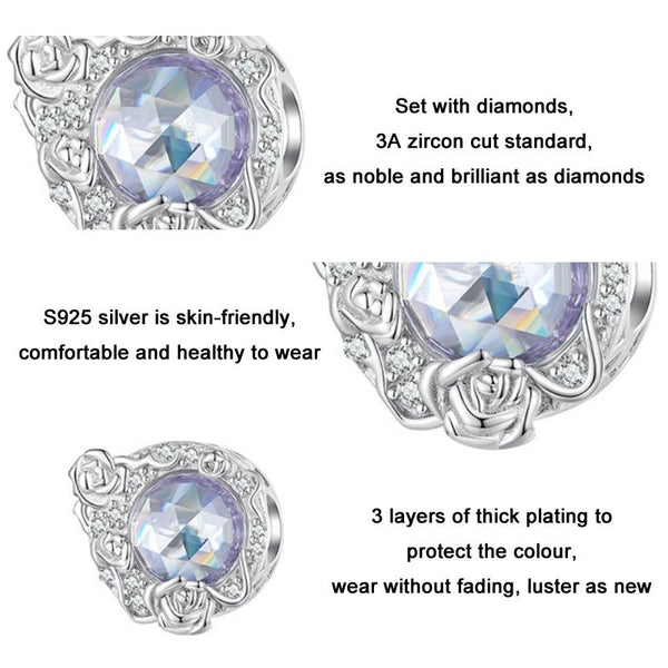 925 Sterling Silver Moon Rose Zirconia Beaded Bracelet Charms & Pendants