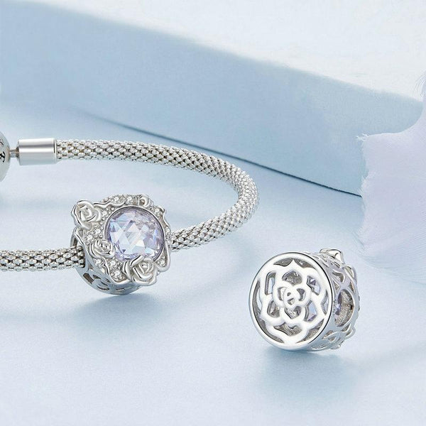 925 Sterling Silver Moon Rose Zirconia Beaded Bracelet Charms & Pendants