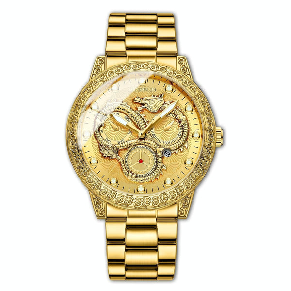 Dragon Embossed Luminous Waterproof Watch Quartz Full Gold Gold Watches