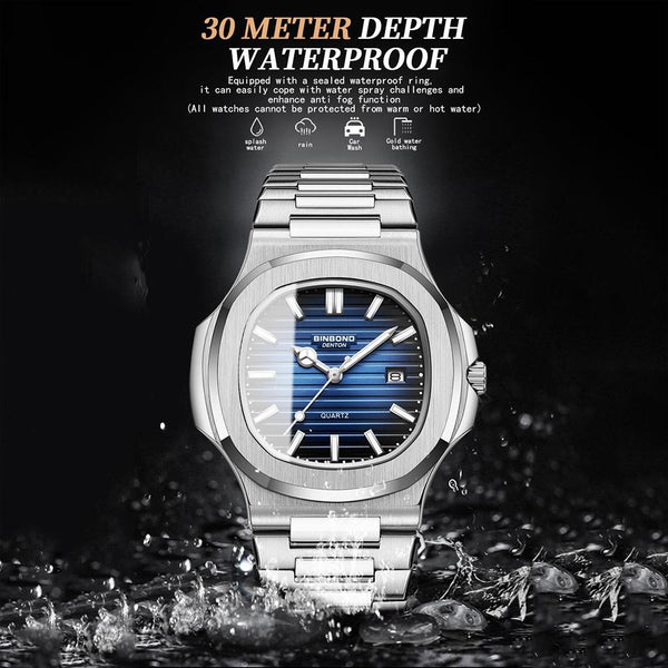 Retro Luminous Square Men Quartz Watch 30M Waterproof White Steel Blue Watches