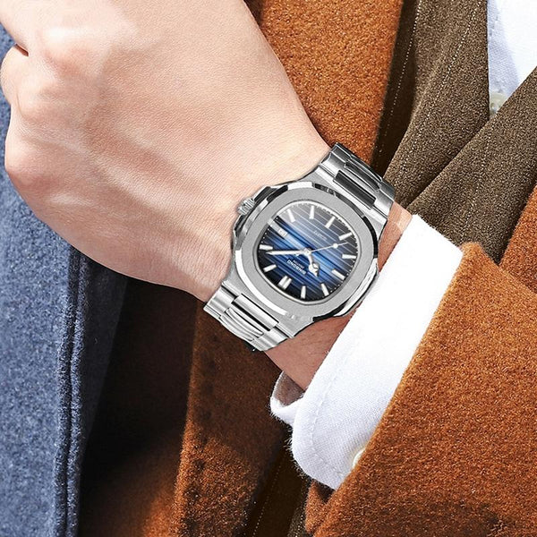 Retro Luminous Square Men Quartz Watch 30M Waterproof White Steel Blue Watches