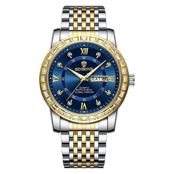 Diamond Dual Calendar Luminous Quartz Watch B2202 Inter Gold Blue Watches