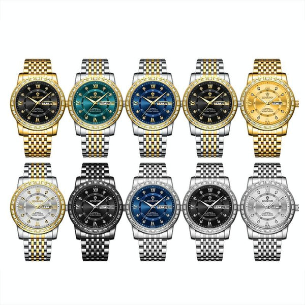 Diamond Dual Calendar Luminous Quartz Watch B2202 Inter Gold Blue Watches