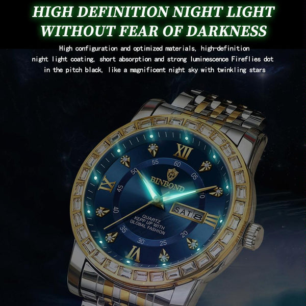 Diamond Dual Calendar Luminous Quartz Watch B2202 Inter Gold Blue Watches