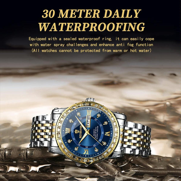 Diamond Dual Calendar Luminous Quartz Watch B2202 Inter Gold Blue Watches