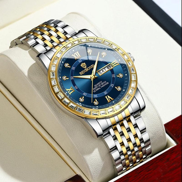 Diamond Dual Calendar Luminous Quartz Watch B2202 Inter Gold Blue Watches