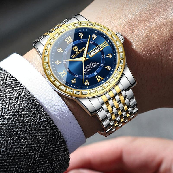 Diamond Dual Calendar Luminous Quartz Watch B2202 Inter Gold Blue Watches