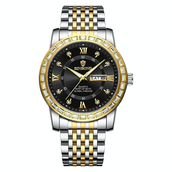 Diamond Dual Calendar Luminous Quartz Watch B2202 Inter Gold Blue Watches