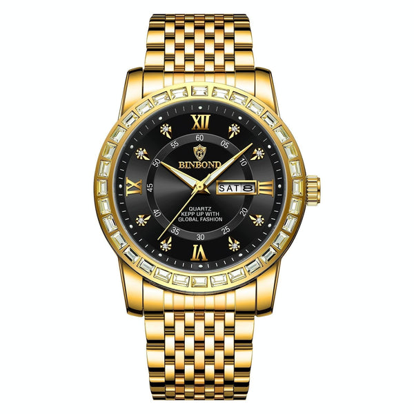 Diamond Dual Calendar Luminous Quartz Watch B2202 Inter Gold Blue Watches