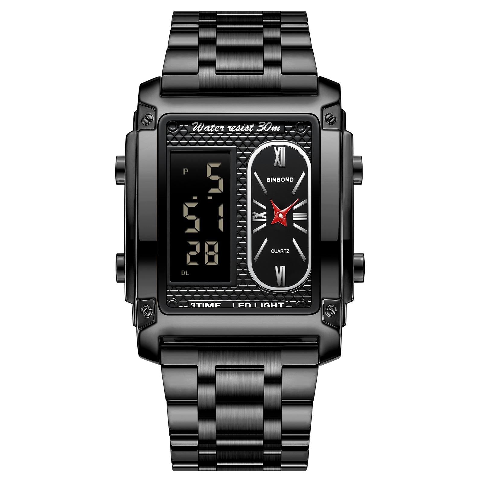 Waterproof Men Led Quartz Watch Multifunctional Luminous Black Steel Black Watches