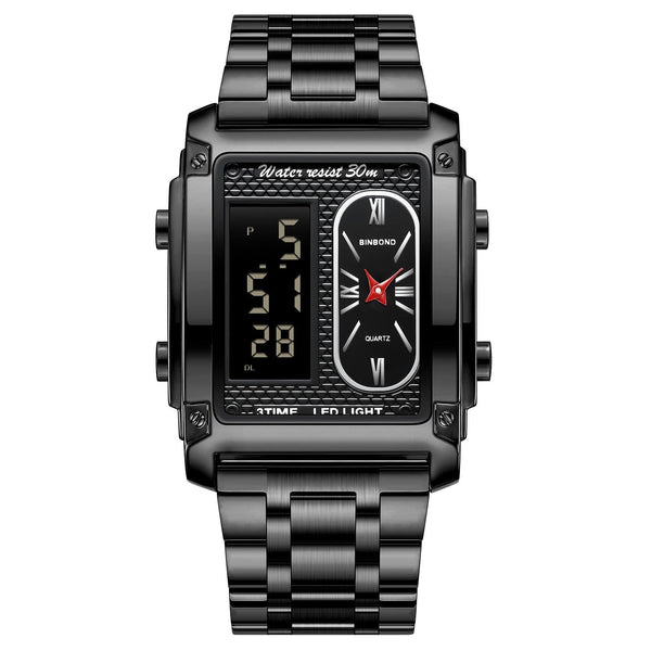 Waterproof Men Led Quartz Watch Multifunctional Luminous Black Steel Black Watches