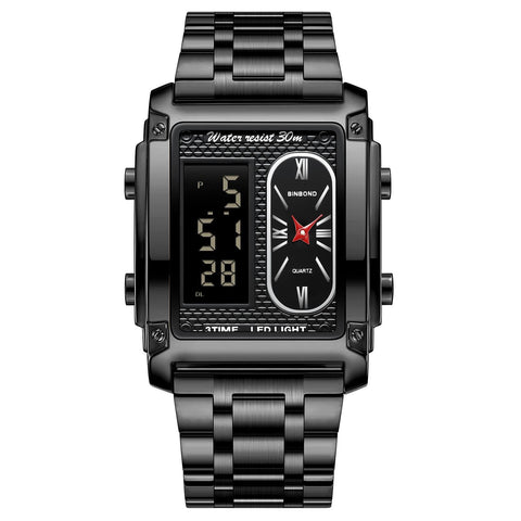 Waterproof Men Led Quartz Watch Multifunctional Luminous Black Steel Black Watches