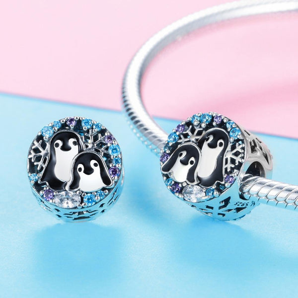 925 Sterling Silver Penguin Bracelet With Diamond Beads Charms & Pendants