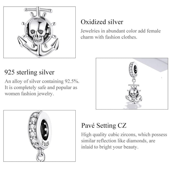925 Sterling Silver Pirate Skull Pendant For Bracelet Or Necklace Charms & Pendants