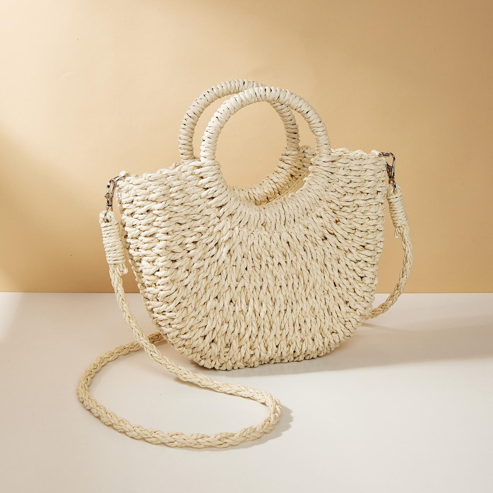 Beige Half Moon Straw Tote Woven Beach Bag Women's Bags & Handbags