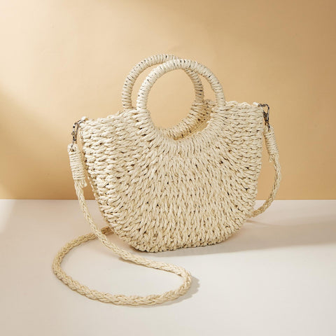 Beige Half Moon Straw Tote Woven Beach Bag Women's Bags & Handbags