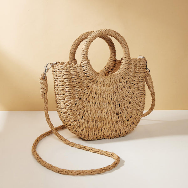 Beige Half Moon Straw Tote Woven Beach Bag Women's Bags & Handbags